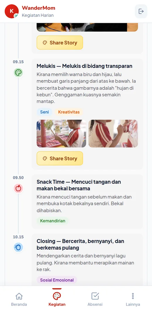Linimasa kegiatan harian di WanderMom dengan observasi guru dan foto