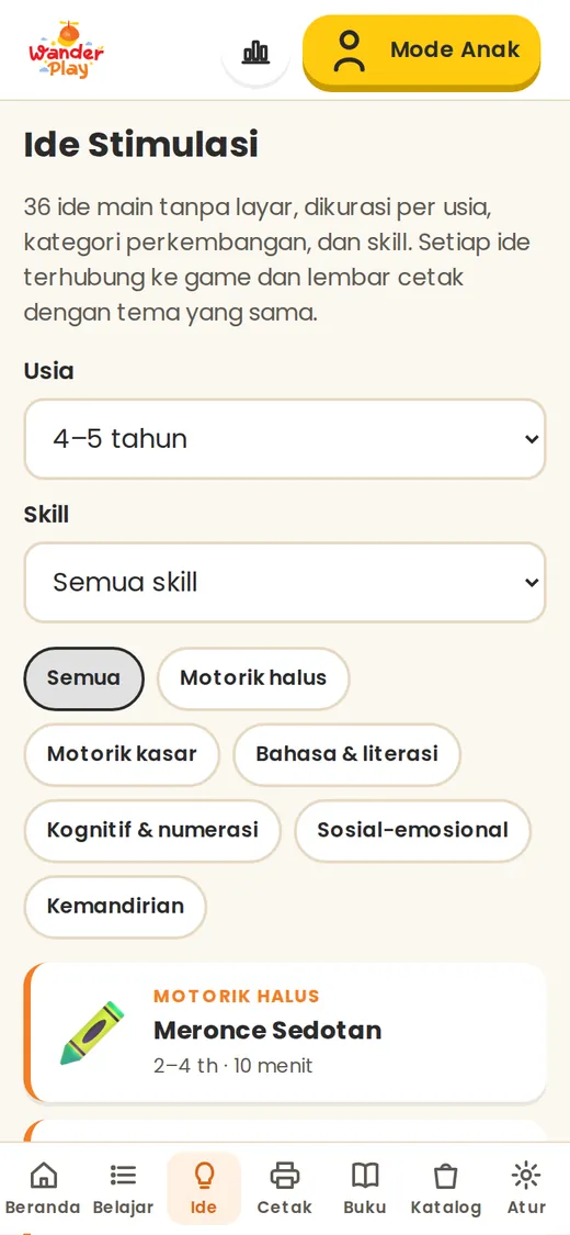 Halaman Ide Stimulasi dengan filter kategori